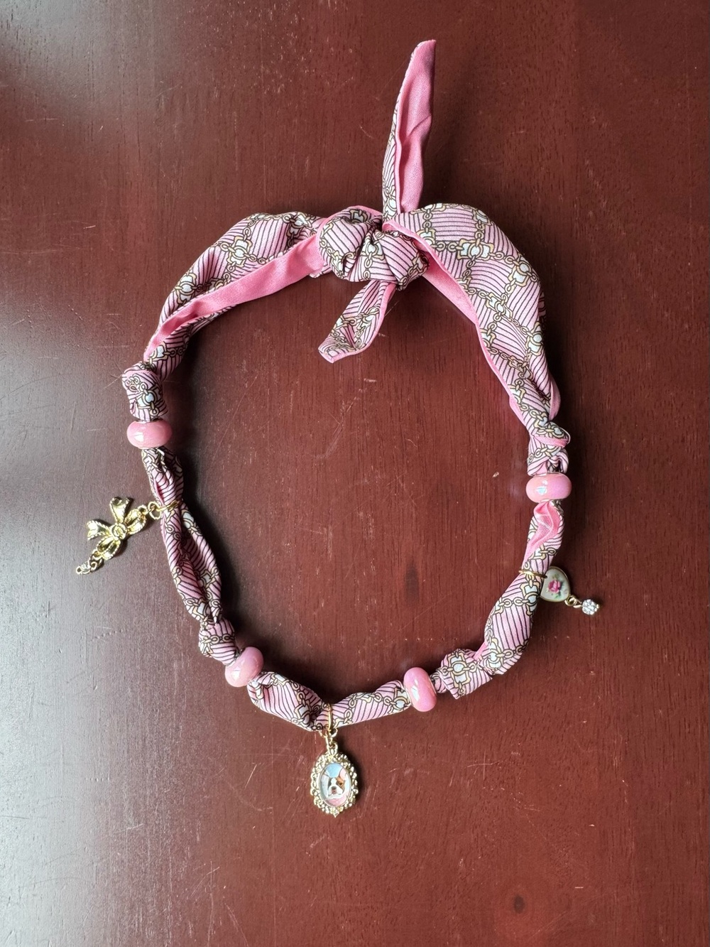 Coquette French Bulldog Pink Patterned Scarf Necklace with Bow Charms